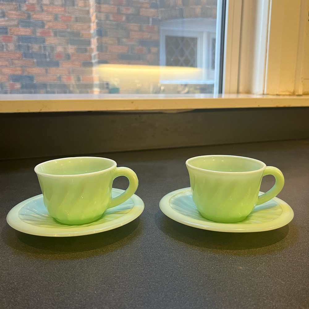 Pair of Vintage French Mint Green Cups and Saucers